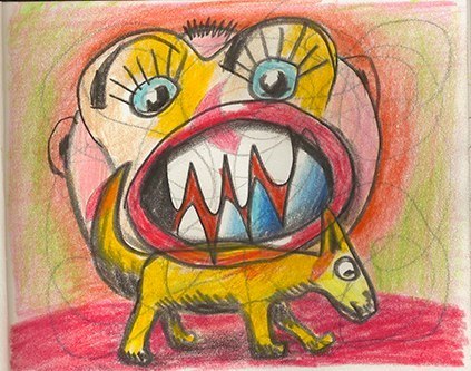 hunde beissen, farbstiftzeichnung